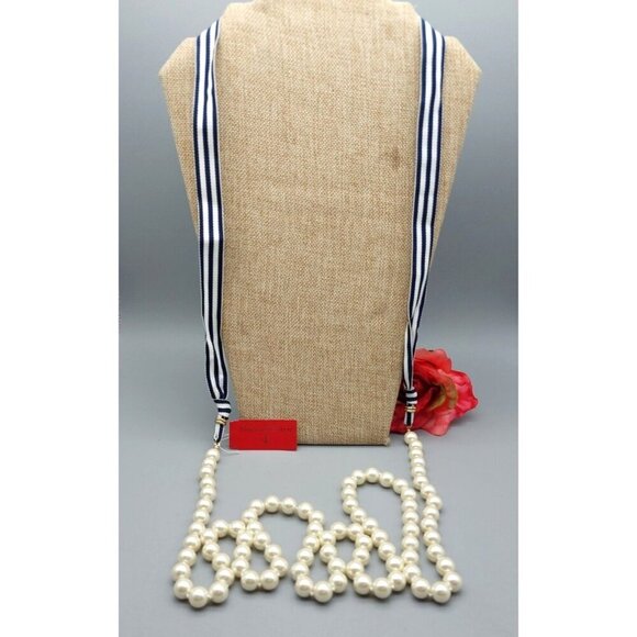 Vineyard Haven NWT Long Strand Knotted Faux Pearl Necklace Nautical Ribbon Tie - Picture 3 of 11